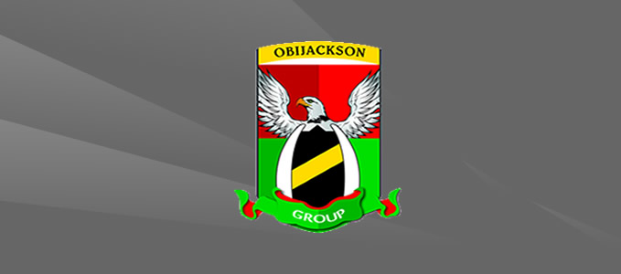 Obijackson Group Logo reflecting over a dark grey background